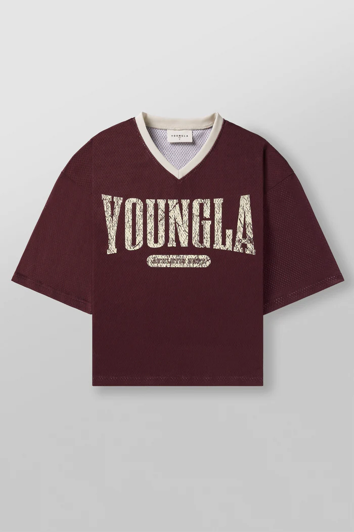 4187 - Varsity Football Cropped Jersey Bungundy // YoungLa