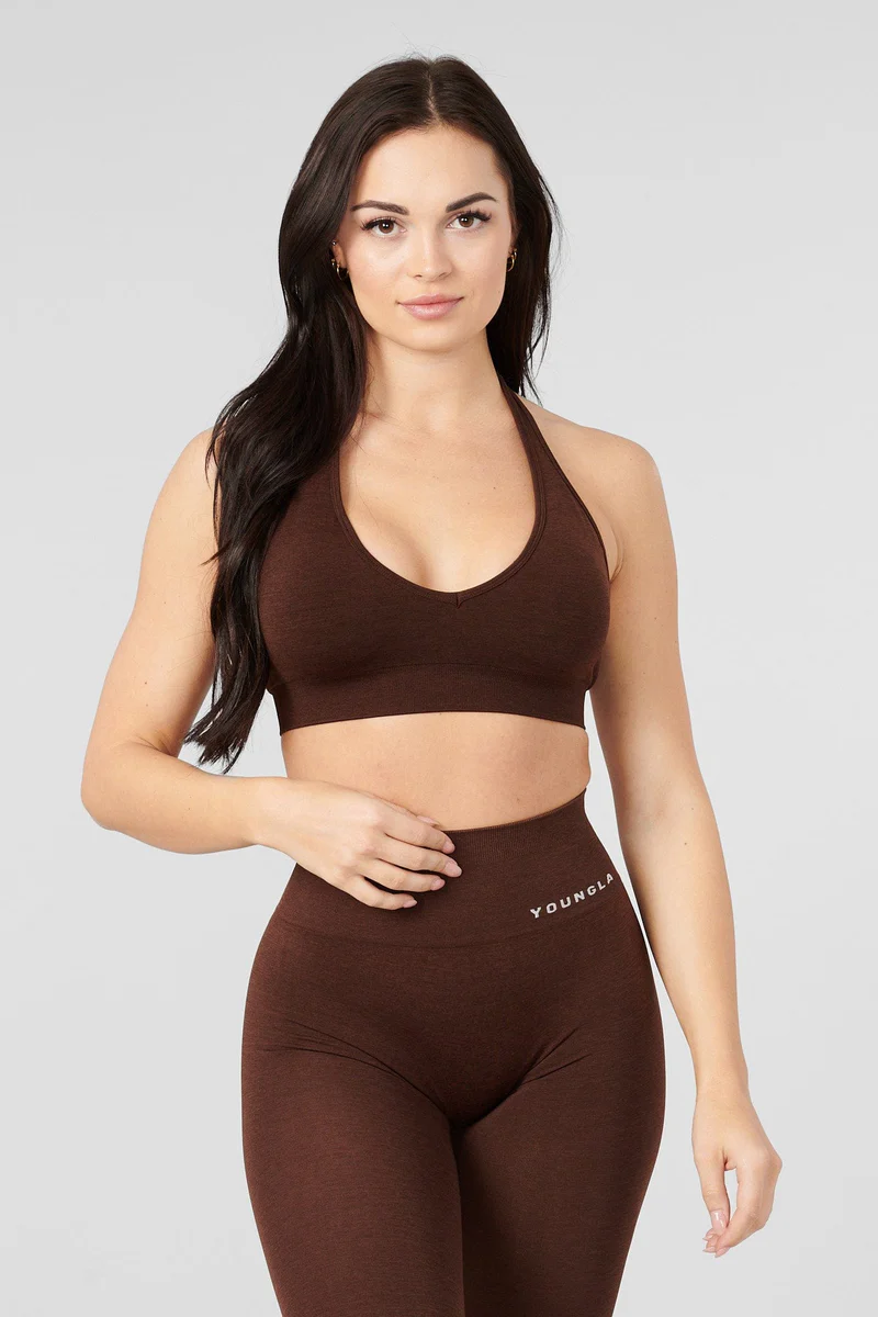 W328 - Core Seamless Halter sports bra  Tweed Brown // YoungLa