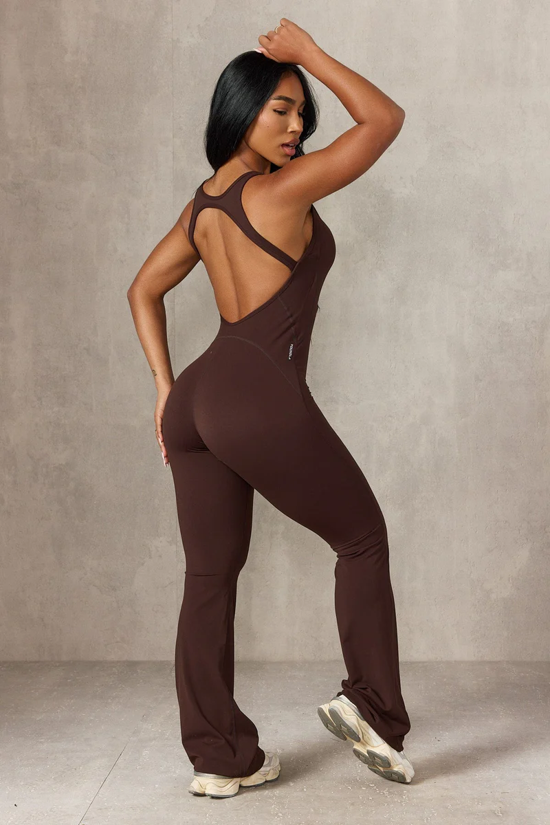 W237 On-The-Go Flare Romper Brown// YoungLa